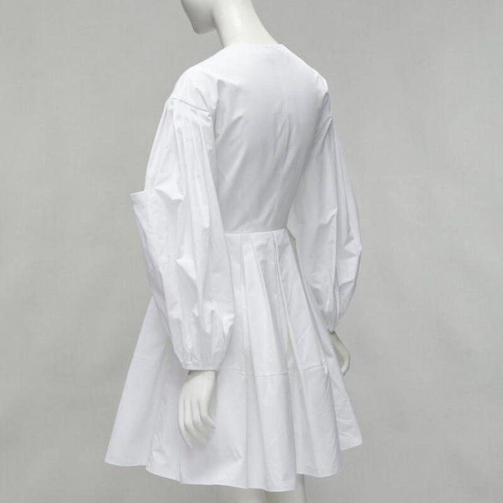 ALEXANDER MCQUEEN white cotton silver zip front puff sleeve flared dress IT36 XS