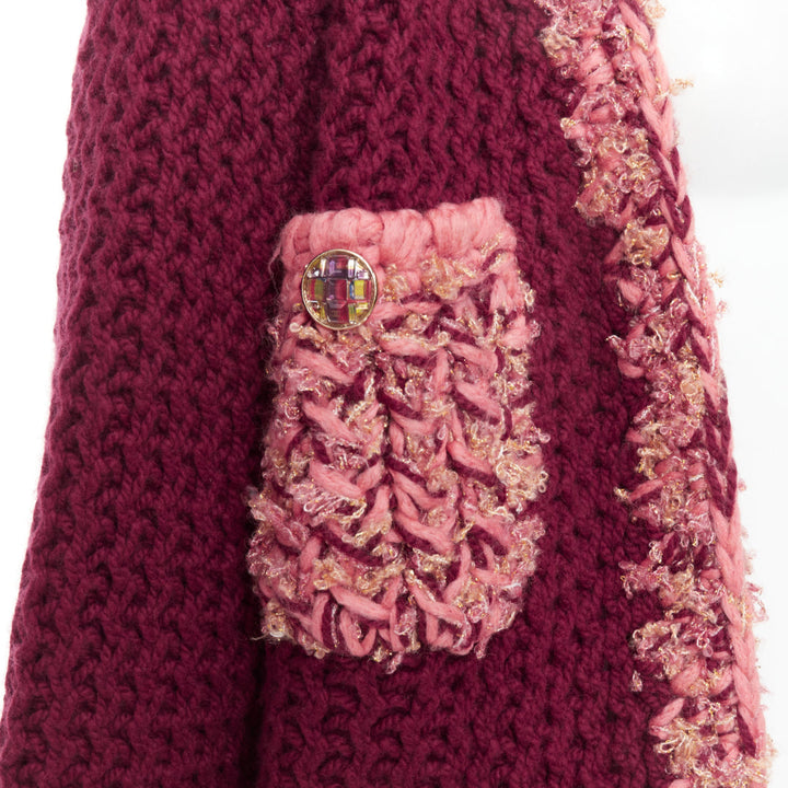 CHANEL 2022 Runway 100% cashmere burgundy pink tweed 4 pockets cardigan FR34 XS