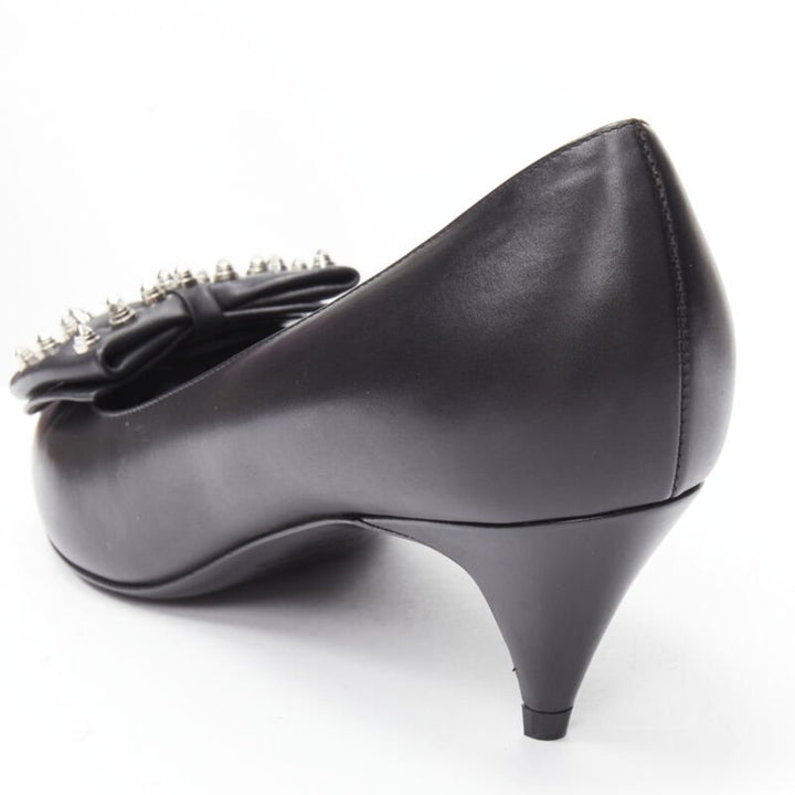 SAINT LAURENT silver spike studded bow point toe pump EU37