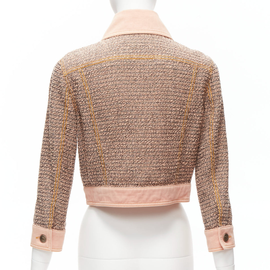 rare CHANEL 2018 Runway pink denim trim tweed CC button cropped jacket FR36 S