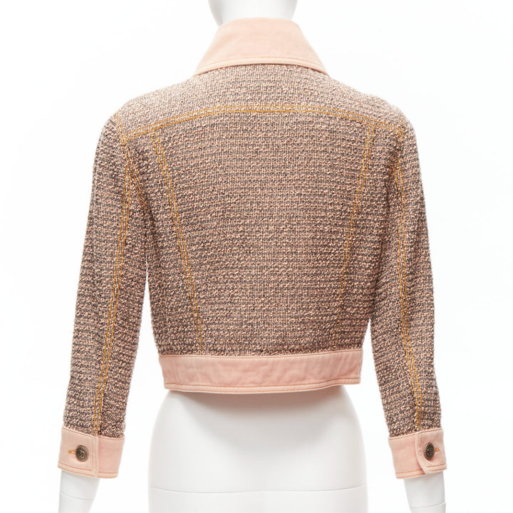 rare CHANEL 2018 Runway pink denim trim tweed CC button cropped jacket FR36 S