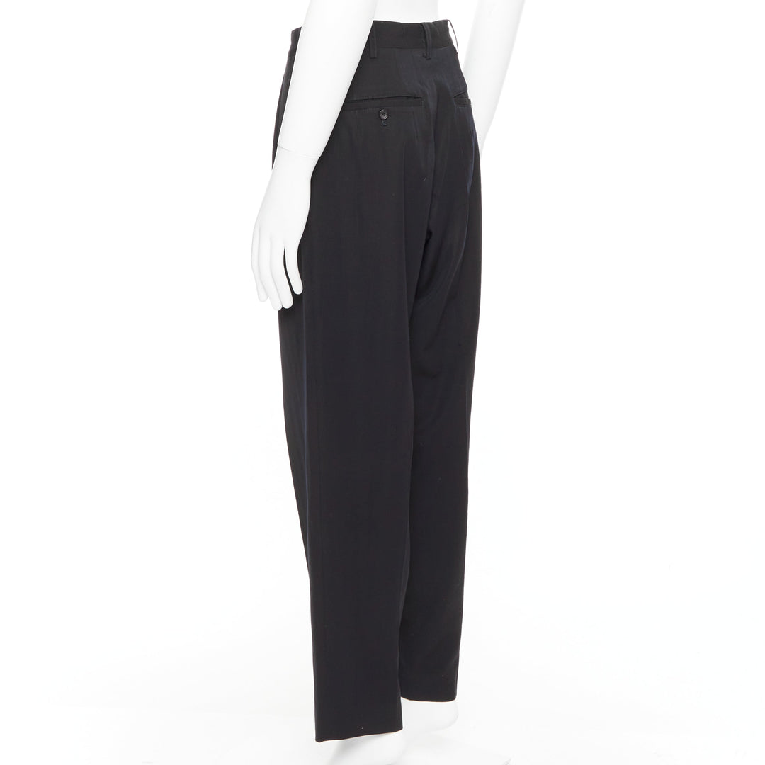 YOHJI YAMAMOTO navy 100% wool pleated front tapered wide trouser pants S