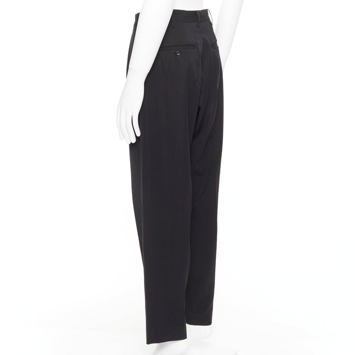 YOHJI YAMAMOTO navy 100% wool pleated front tapered wide trouser pants S