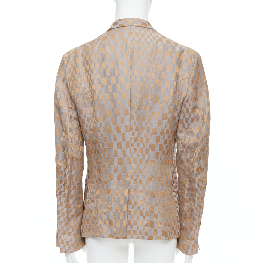 rare HAIDER ACKERMANN 2015 Runway gold silver checkered linen silk blazer XL