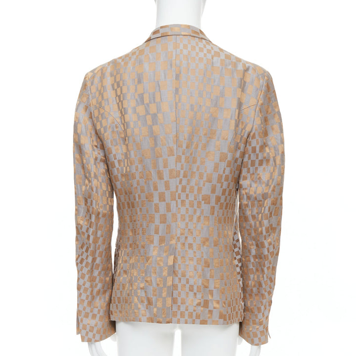 rare HAIDER ACKERMANN 2015 Runway gold silver checkered linen silk blazer XL