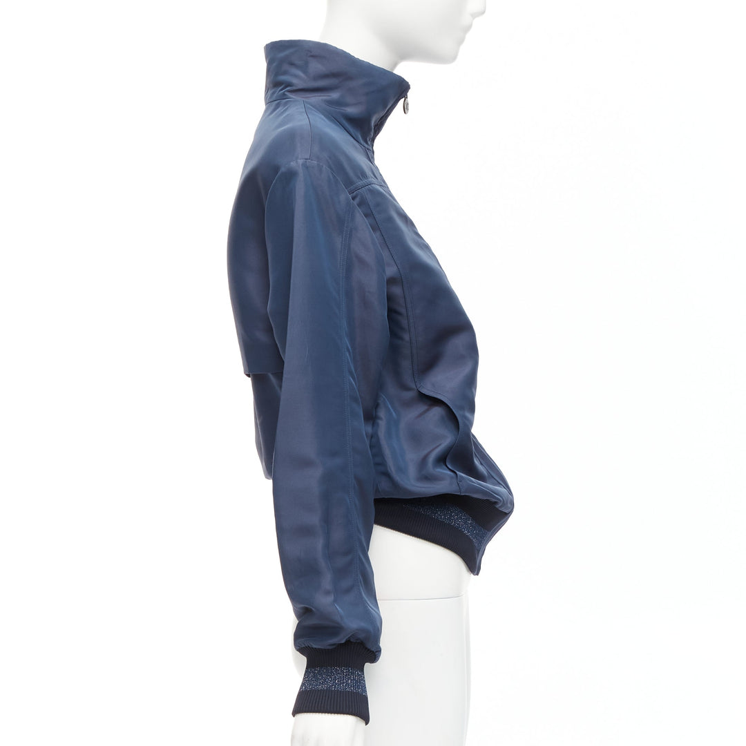 CHANEL Vintage navy viscose silk CC logo zip bomber jacket FR34 XS