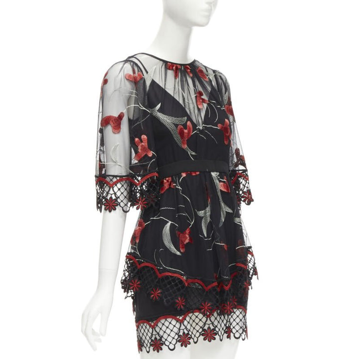 ALICE MCCALL Wish you Were Here black red guipere lace floral tulle dress US2 XS