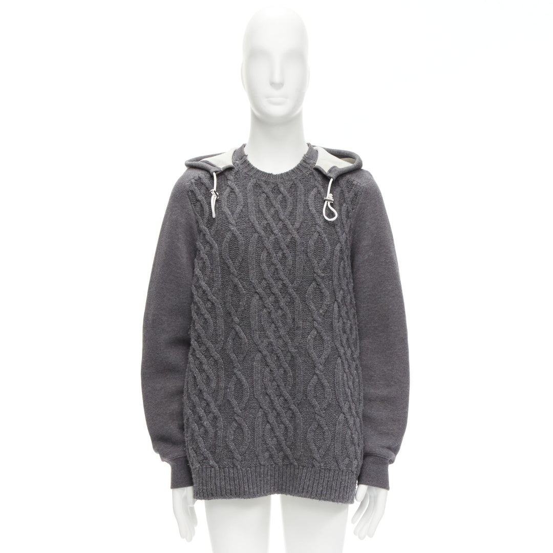SACAI 2015 grey 100% wool cable knit contrast hood sweater JP3 L