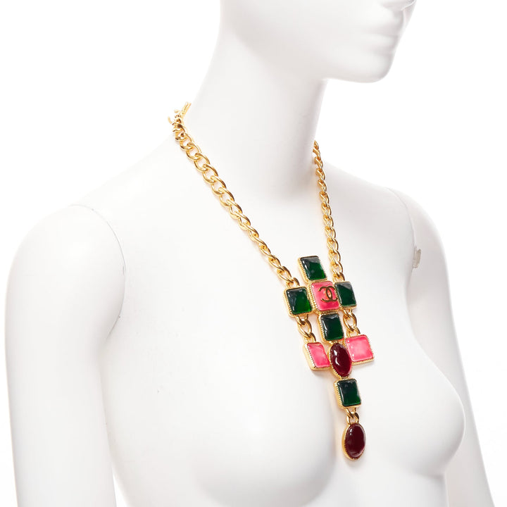 rare CHANEL B20K green pink red gripoix gold CC logo byzantine princess necklace