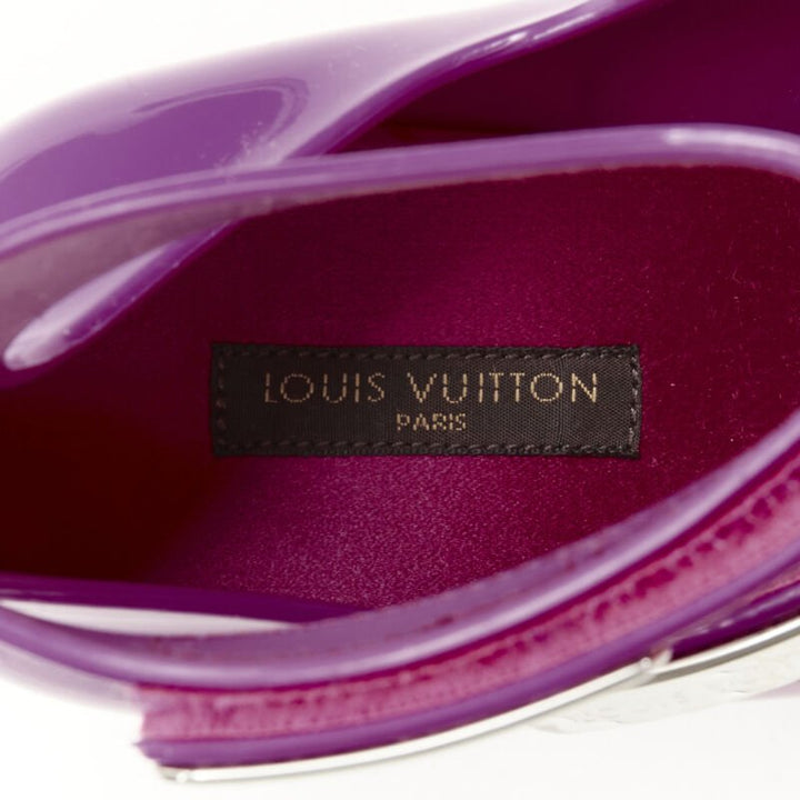 LOUIS VUITTON Y2K purple rubber T-strap logo magic tape wedge sandal EU36