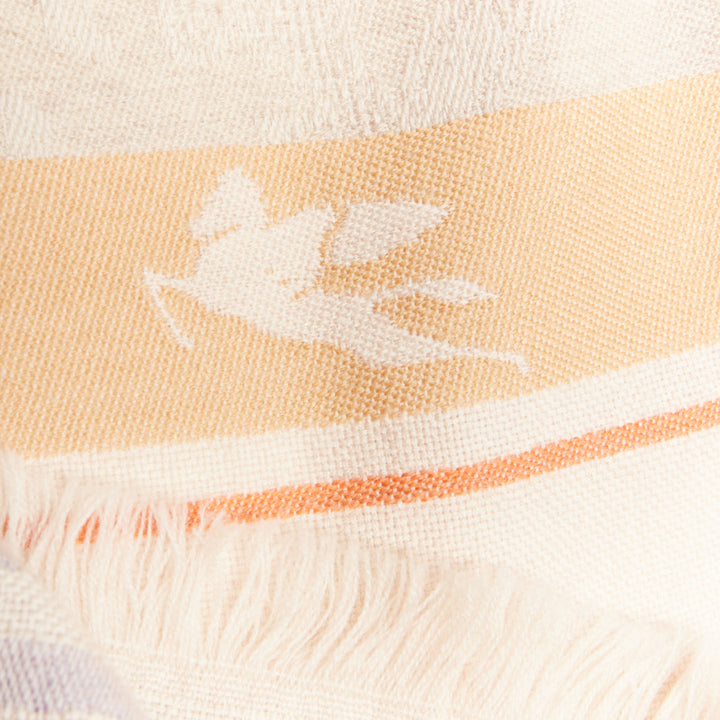 ETRO Home Collection 100% merino wool beige logo stripes fringe scarf
