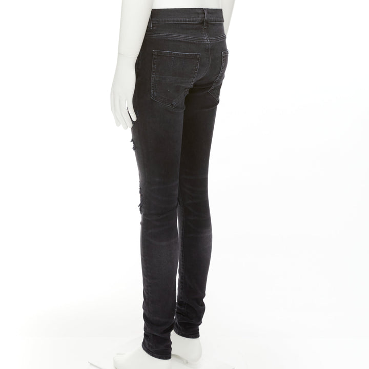 AMIRI black charcoal distressed brown pleated inserts washed skinny jeans 31"
