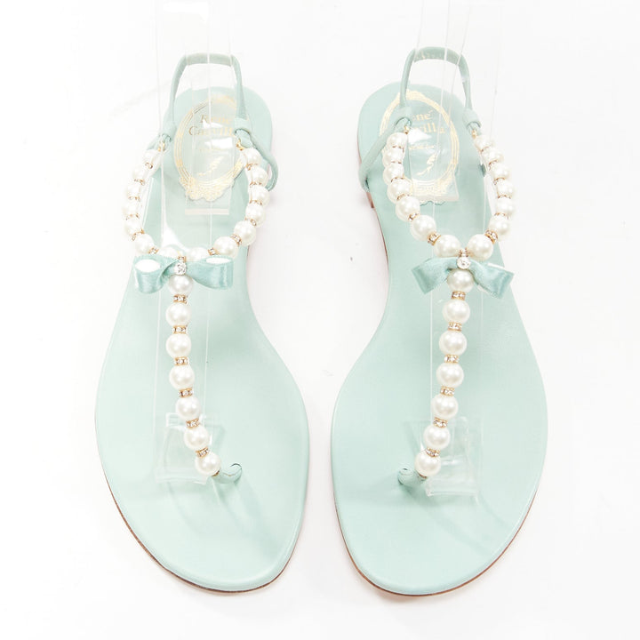 RENE CAOVILLA teal leather bow crystal pearl tstrap flat sandals EU37