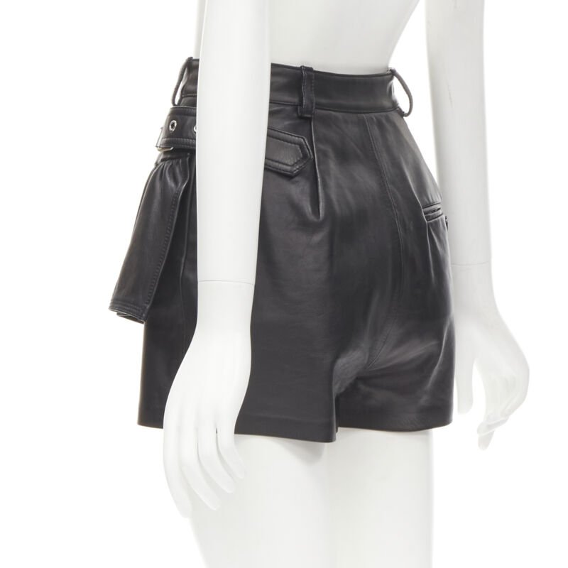 3.1 PHILLIP LIM black leather ruffle biker buckle high rise shorts US0 XS