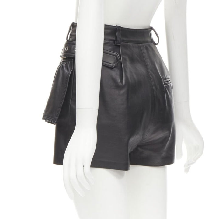 3.1 PHILLIP LIM black leather ruffle biker buckle high rise shorts US0 XS