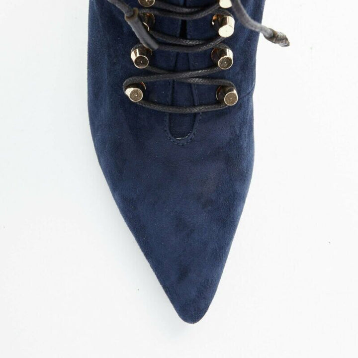 BALENCIAGA navy blue suede gold-tone stud lace up point toe bootie EU37 US7