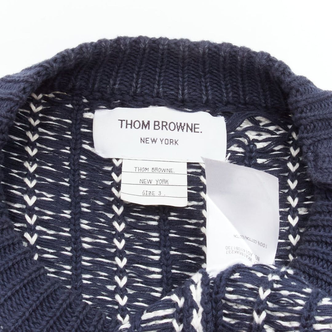 THOM BROWNE off white navy nautical octopus intarsia  ringer sweater SZ.3 L