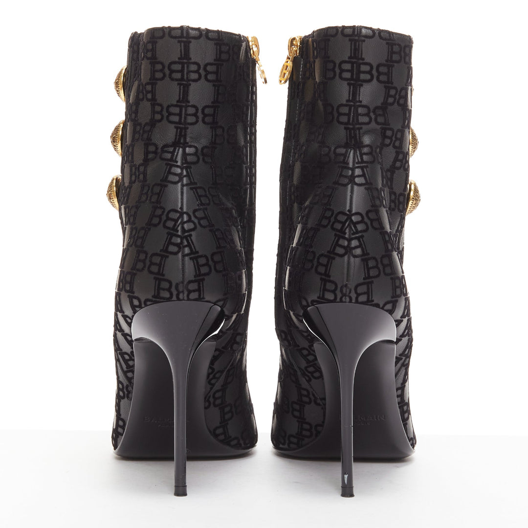 BALMAIN black BB monogram gold buttons high top stiletto boots EU38