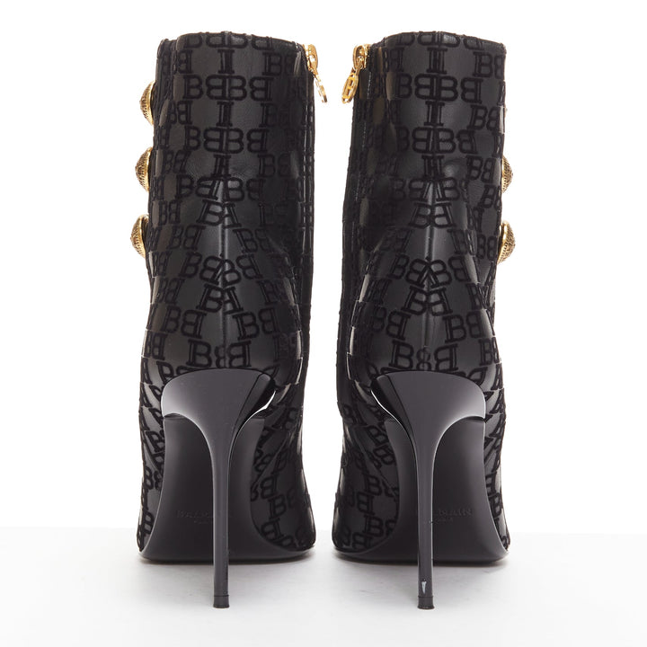 BALMAIN black BB monogram gold buttons high top stiletto boots EU38