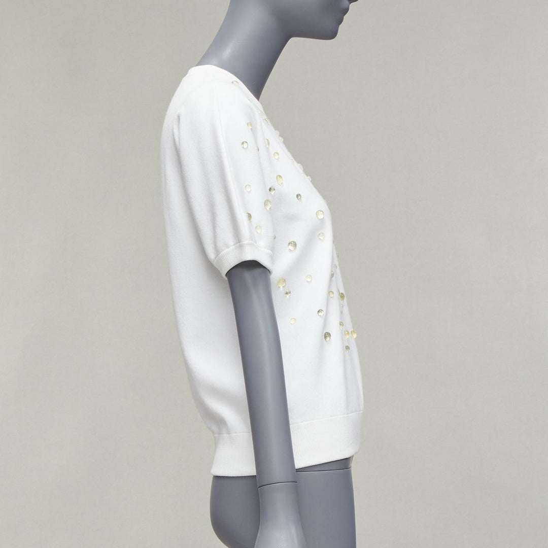 CHANEL 2018 water drop embellished cotton short sleeve pullover sweater FR36