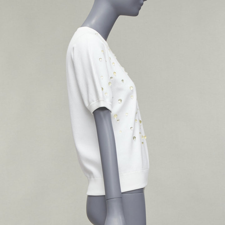 CHANEL 2018 water drop embellished cotton short sleeve pullover sweater FR36