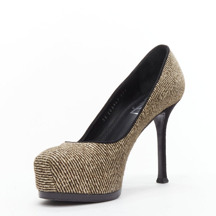 YVES SAINT LAURENT Tribtoo brown wool tweed platform heel pump EU37.5