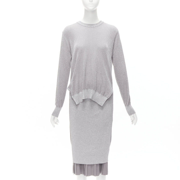 TOGA ARCHIVES metallic silver lurex pleats layered hem ribbed dress FR36 S