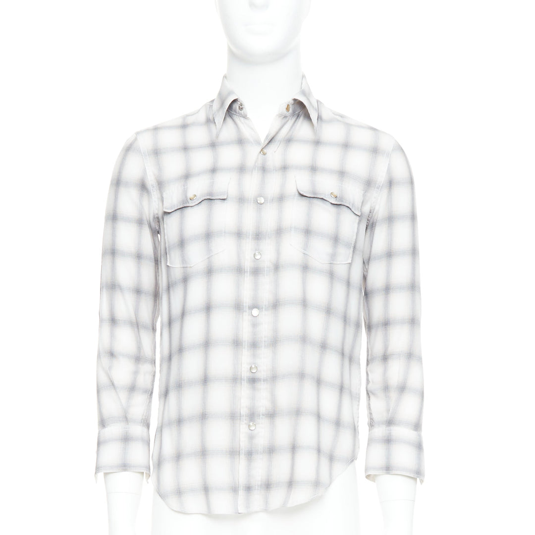 SAINT LAURENT 2016 grey cream checked resin snap buttons shirt M