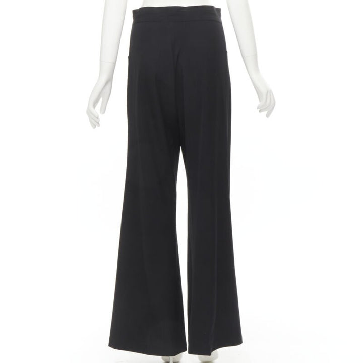 YOHJI YAMAMOTO black wool grosgrain trim waist high waisted wide leg pants JP3 L
