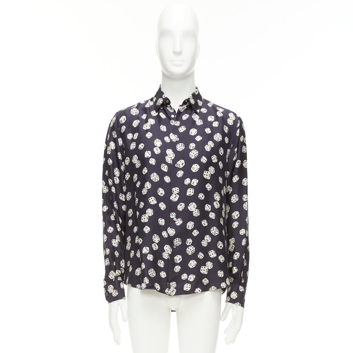 LOUIS VUITTON navy cream 100% silk LV logo dice print regular fit shirt M