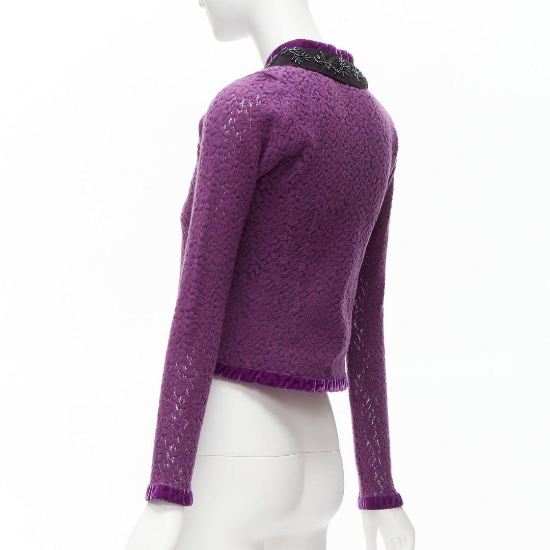 VOYAGE INVEST IN THE ORIGINAL LONDON purple wool black lace velvet cardigan M