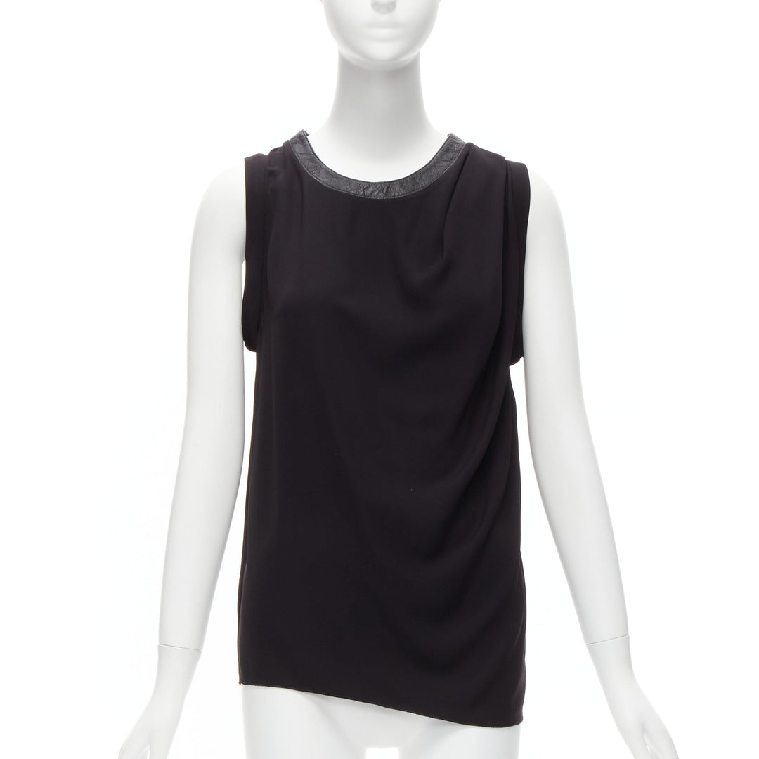 DION LEE black leather trim round collar silky drape sleeveless tank top AUS6 XS
