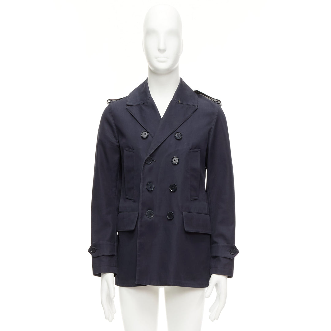BURBERRY navy cotton wool lined leather epaulet short trench coat IT48 M