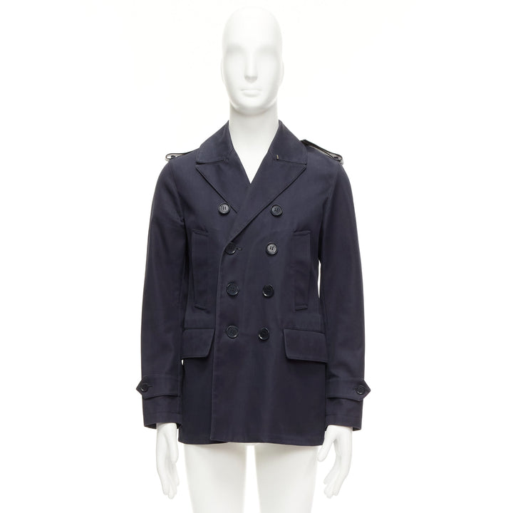 BURBERRY navy cotton wool lined leather epaulet short trench coat IT48 M