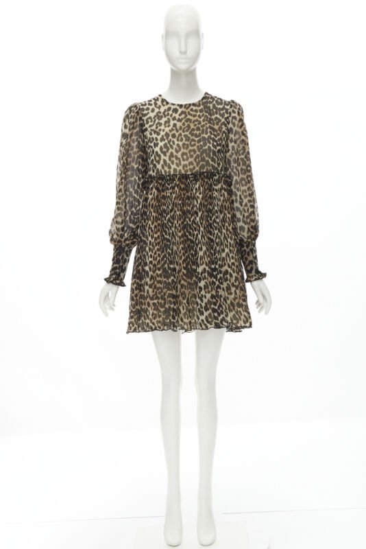 GANNI brown leopard spot print pleated flared babydoll dress FR36 S