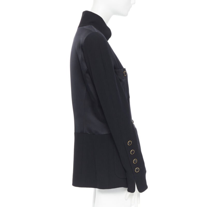 CHANEL black silk satin crepe 4 pockets gold high collar mandarin jacket FR42
