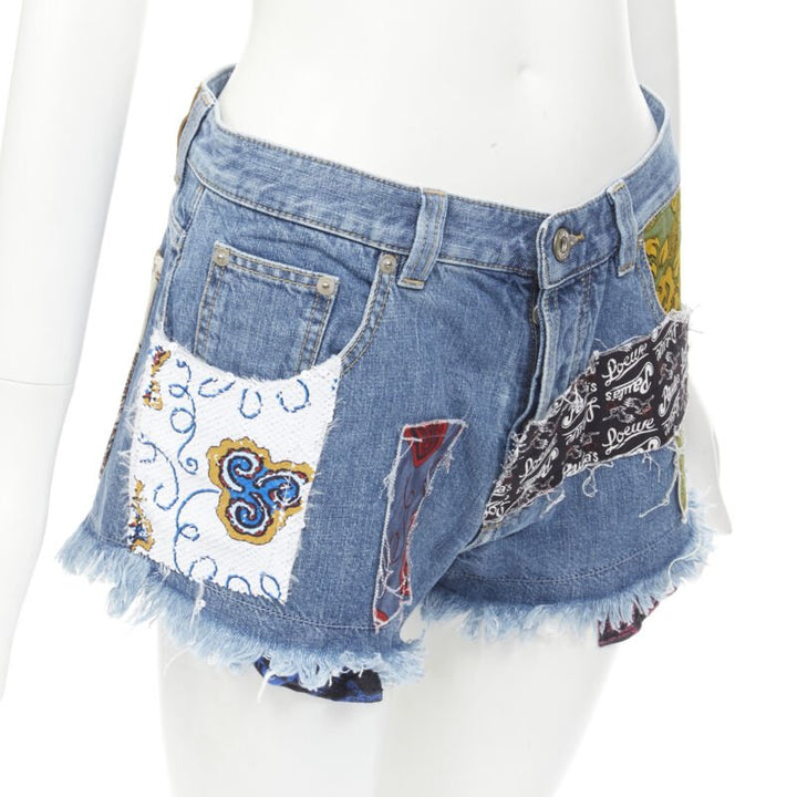 LOEWE PAULA'S IBIZA blue denim sequnis patchwork cut off shorts FR36 S
