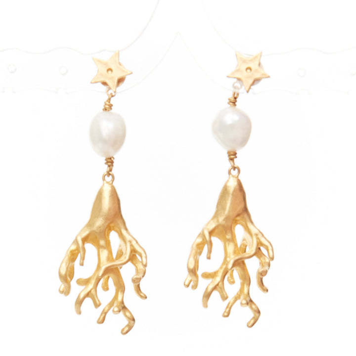 DIOR Tribales Coraile gold metal star coral faux pearl drop pin earrings Pair
