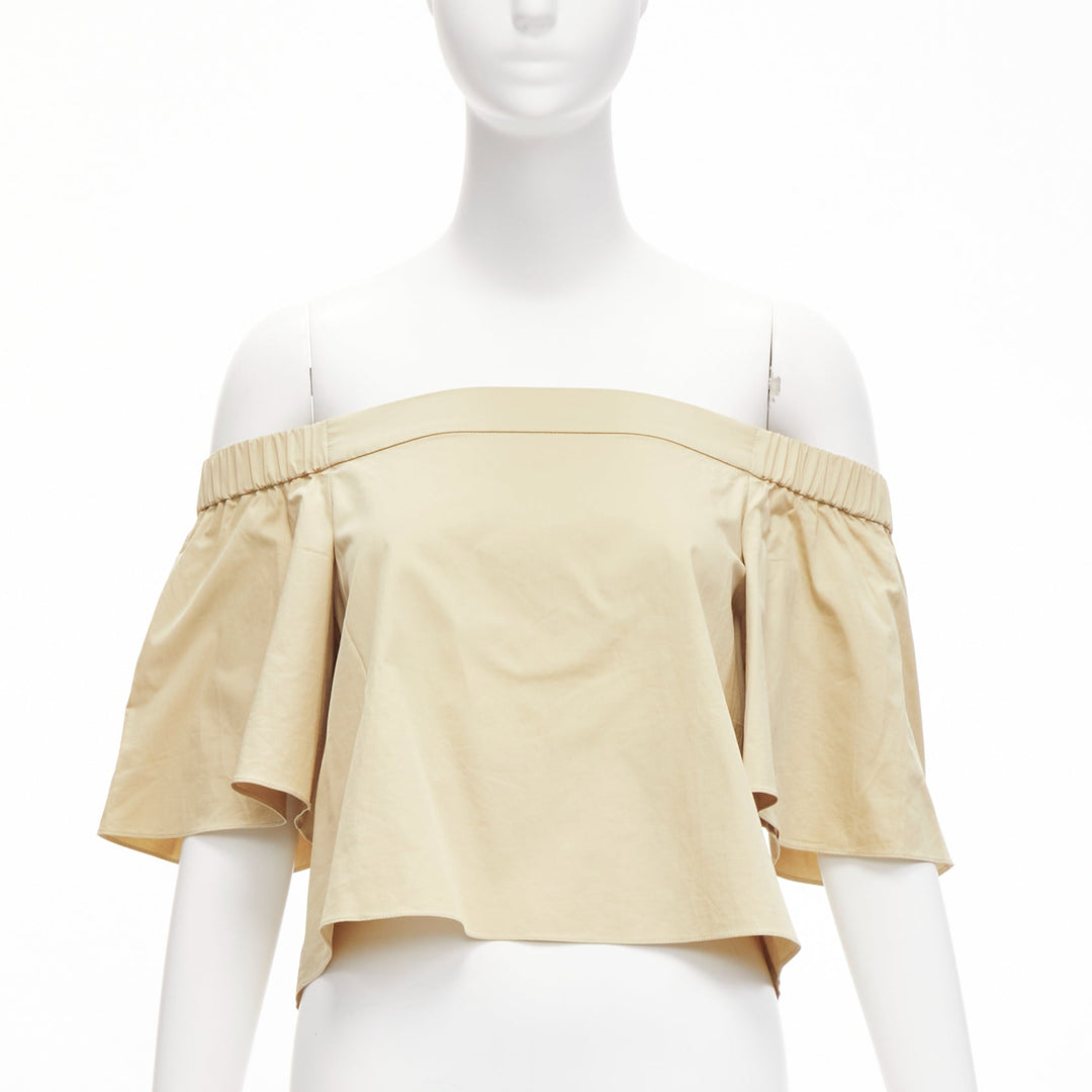 TIBI 100% cotton khaki off shoulder bell sleeves flared cropped top US0 XS