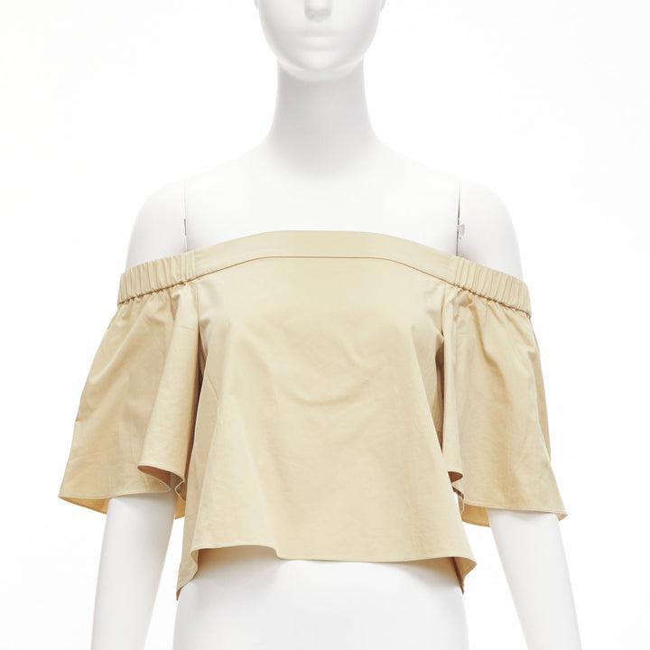 TIBI 100% cotton khaki off shoulder bell sleeves flared cropped top US0 XS