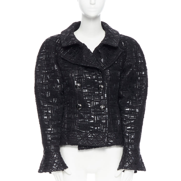runway CHANEL 13A cyber tweed bomber sleeve double breasted black jacket FR36