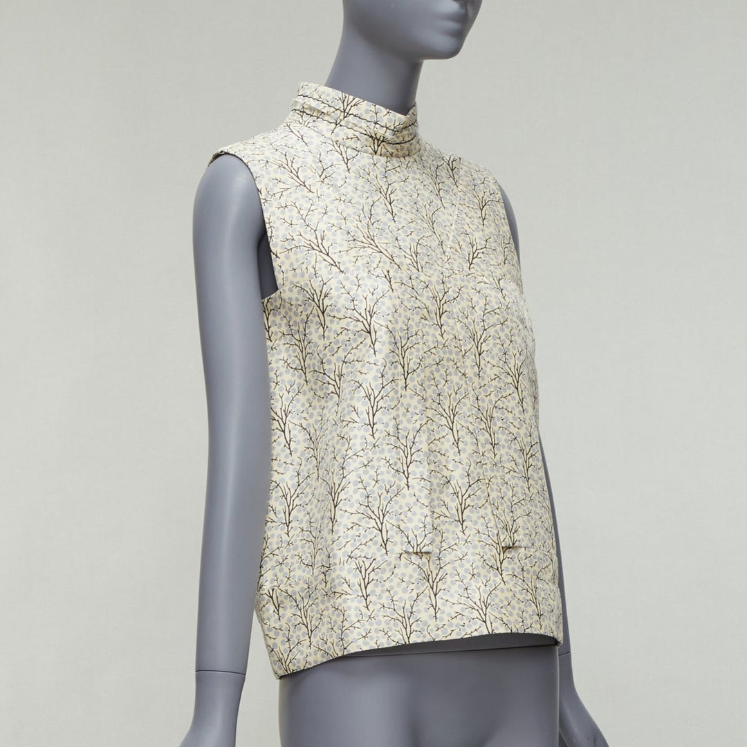 MARNI cream tree print cotton silk lined hi collar angular armhole vest IT40 S