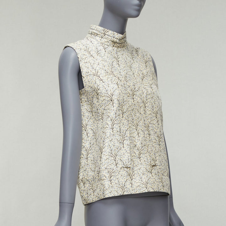 MARNI cream tree print cotton silk lined hi collar angular armhole vest IT40 S