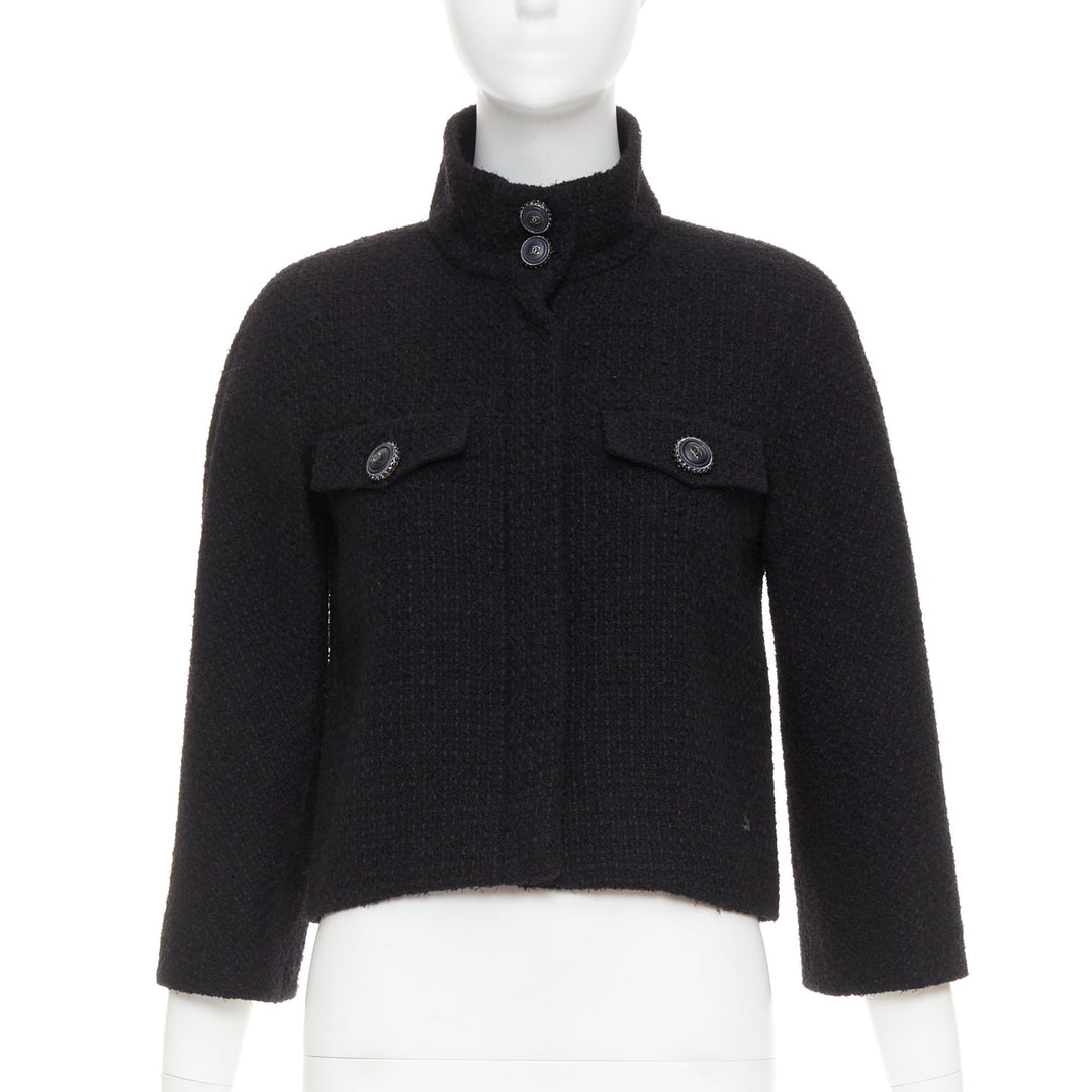 CHANEL 19A black wool tweed CC logo buttons high collar crop jacket FR34 XS