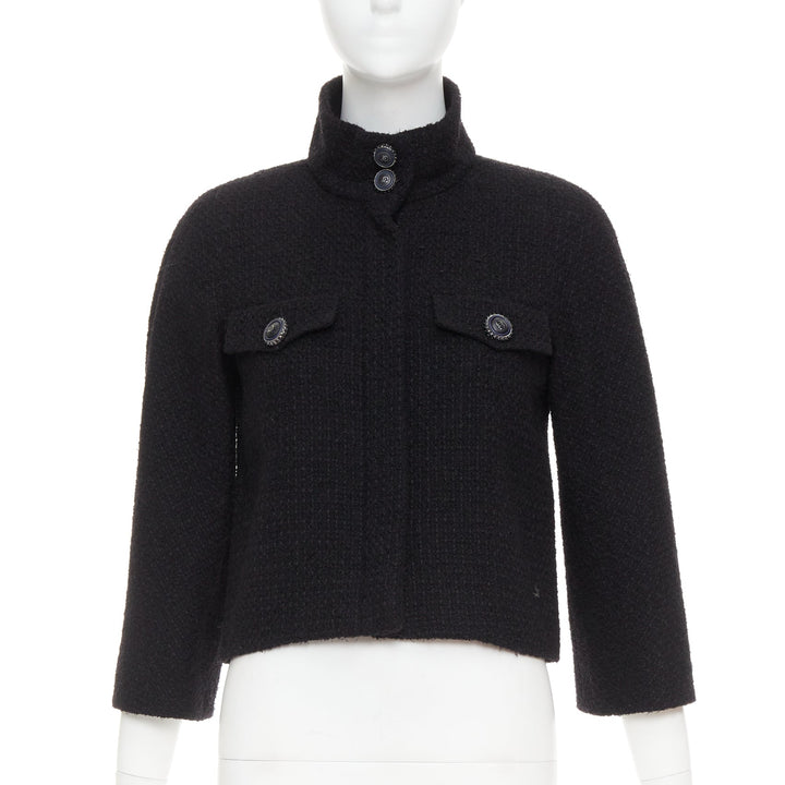 CHANEL 19A black wool tweed CC logo buttons high collar crop jacket FR34 XS