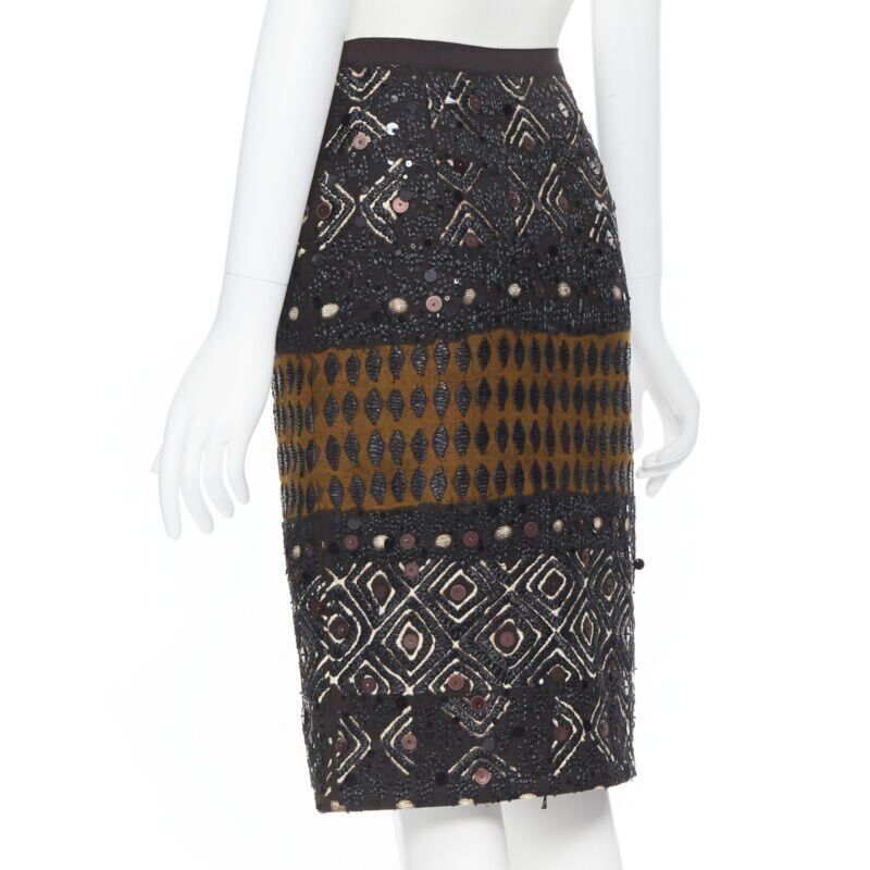 OSCAR DE LA RENTA 2008 brown raffia sequins embellished jacquard skirt US0 24"