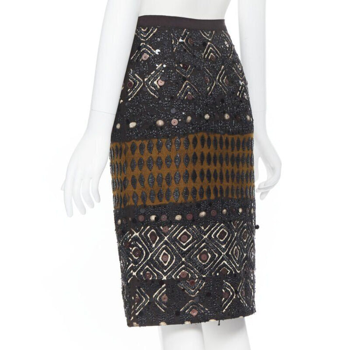 OSCAR DE LA RENTA 2008 brown raffia sequins embellished jacquard skirt US0 24"