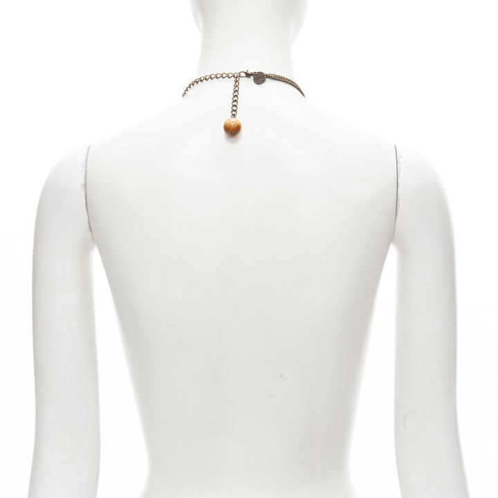 MIMCO brown acrylic wood giant crystal charm copper chain necklace
