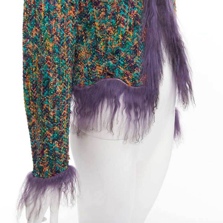 rare EMANUEL UNGARO purple faux fur trim green speckled tweed jacket IT38 XS