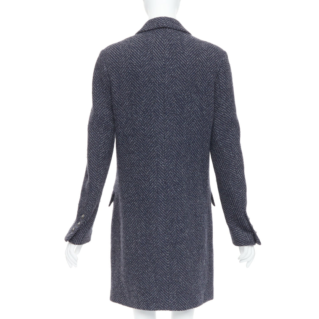 CHANEL Karl Lagerfeld 08A grey navy herringbone tweed long coat FR46 3XL